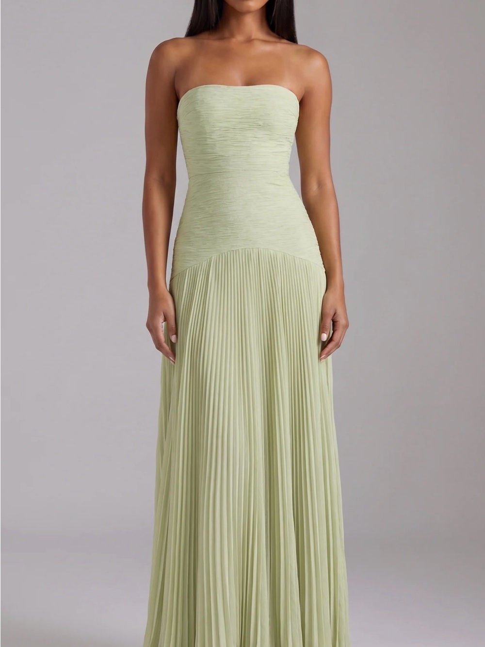 kenzie Strapless Pleated Maxi Dress in Light Green